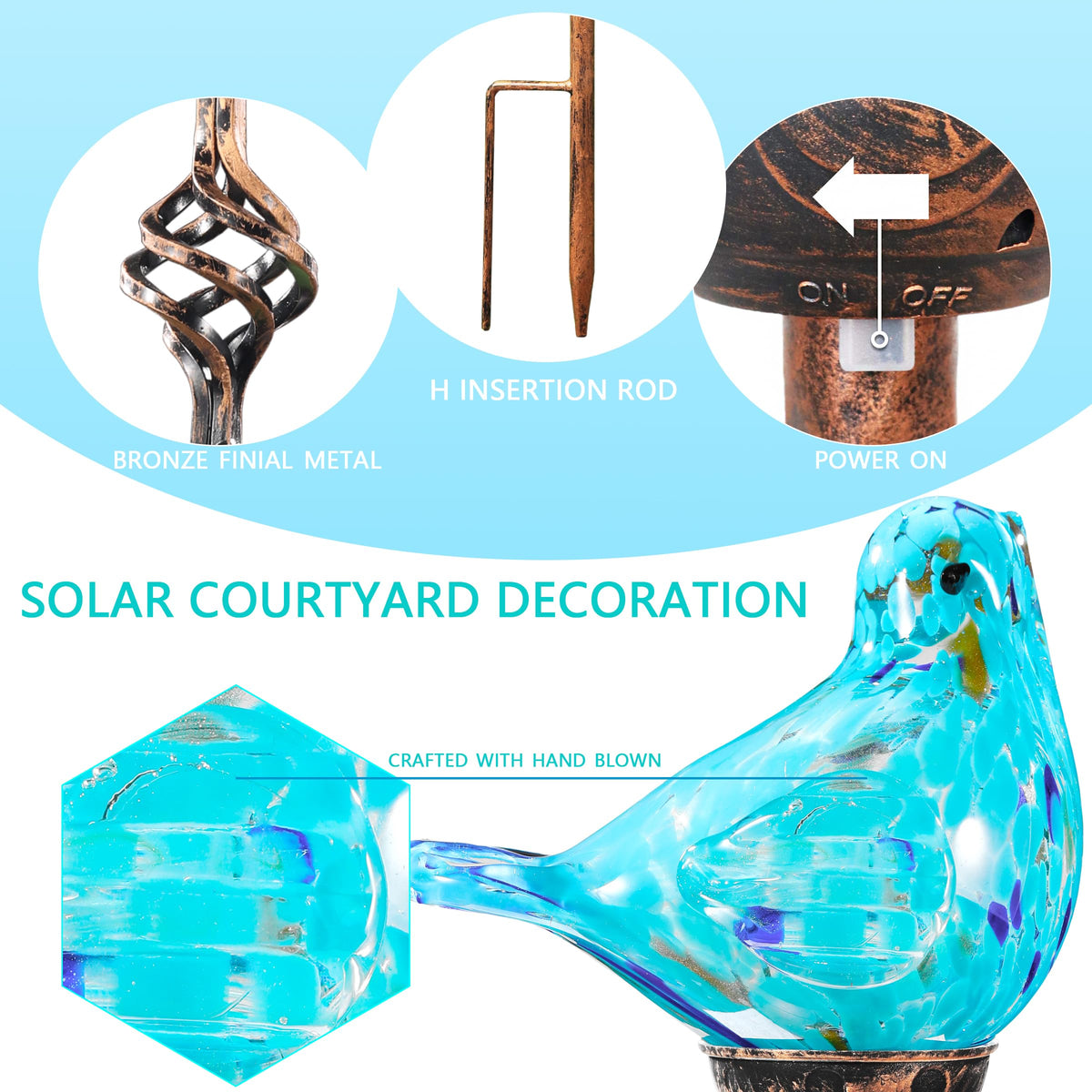 Naboher hand blown glass bird stake adds artful ambience along patios after sunset