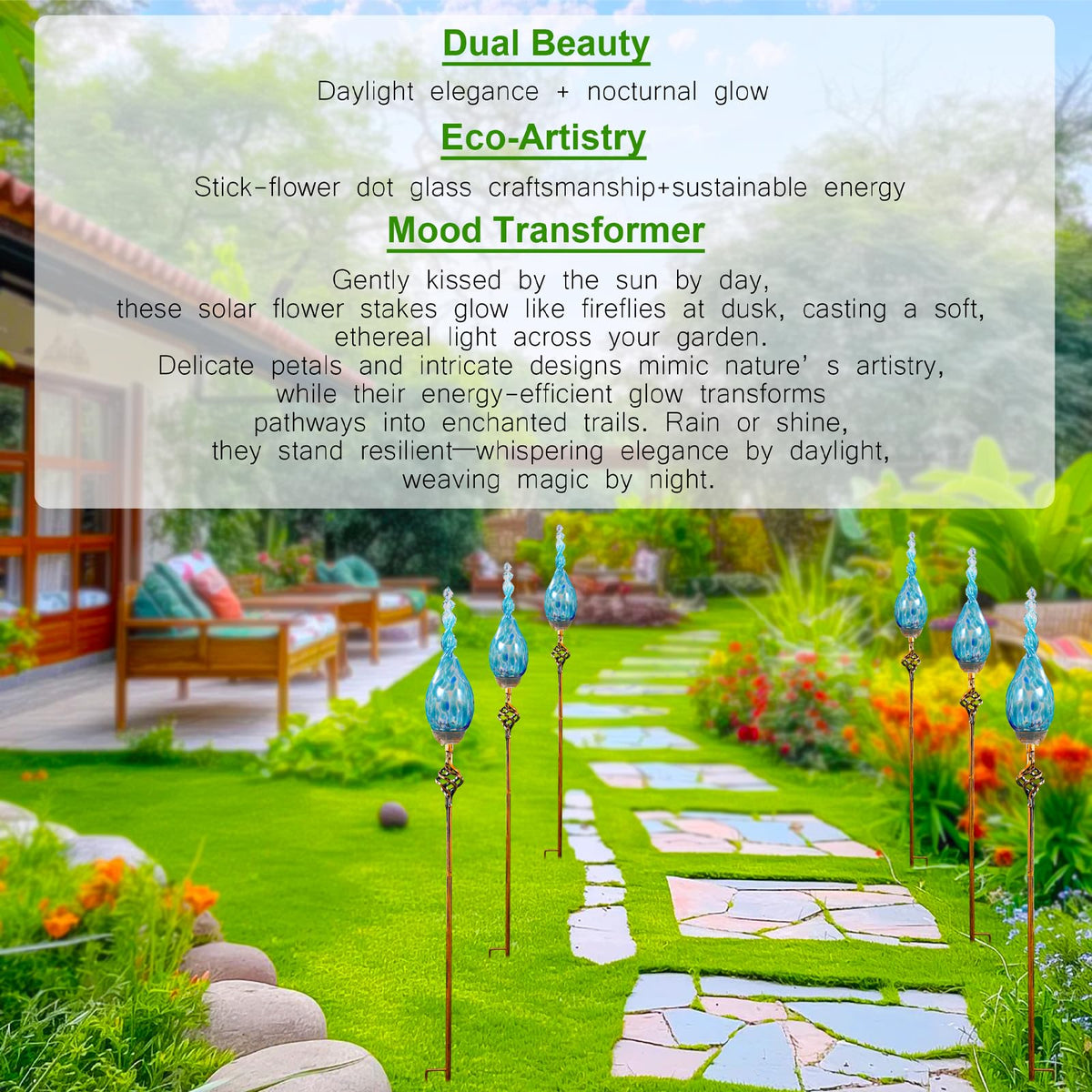 Naboher LED solar path light provides evening illumination.