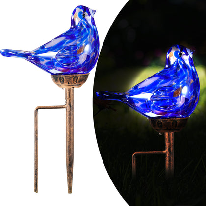 Naboher solar bird glass stake in dark blue adds ambient garden lighting