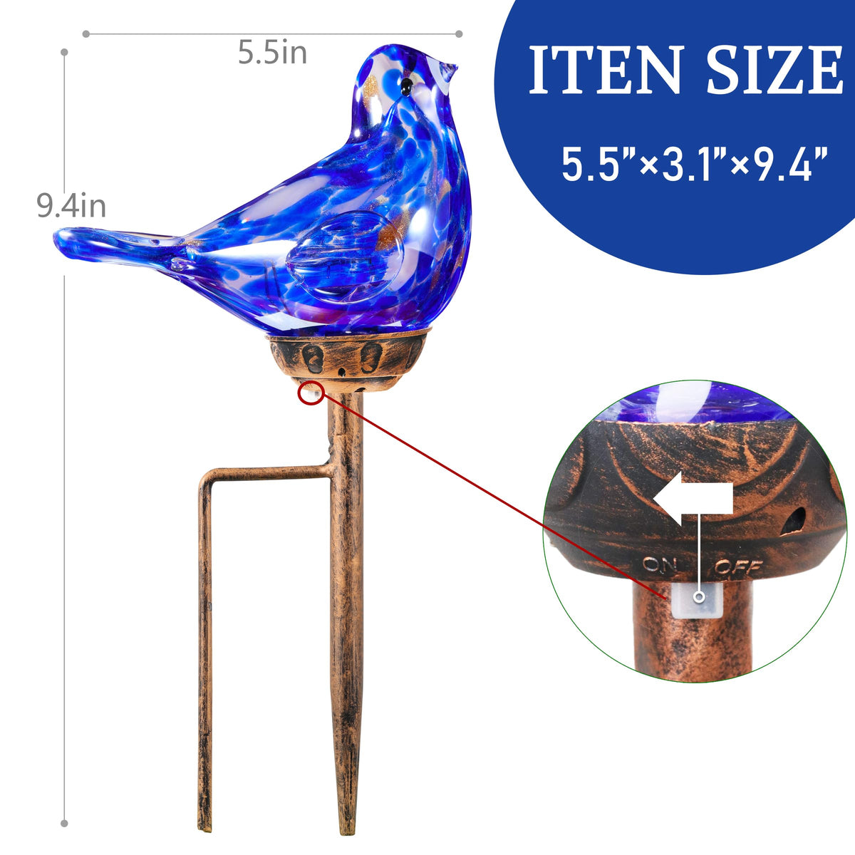 Close-up of Naboher hand-blown glass bird stake for pathways