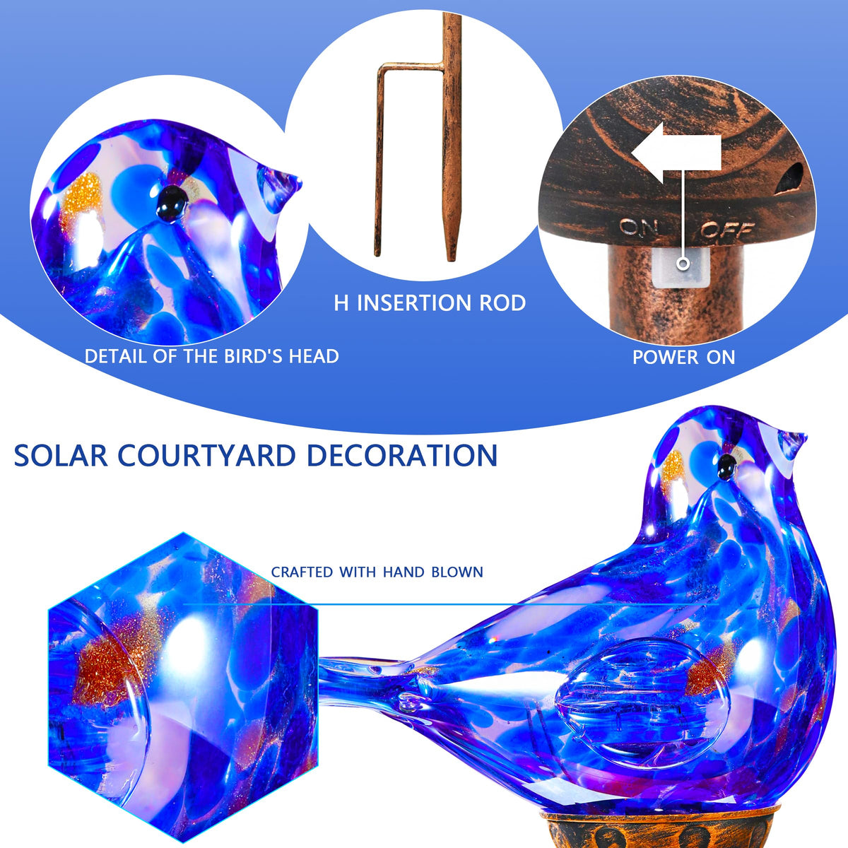 Dark blue bird glass stake by Naboher along a garden border