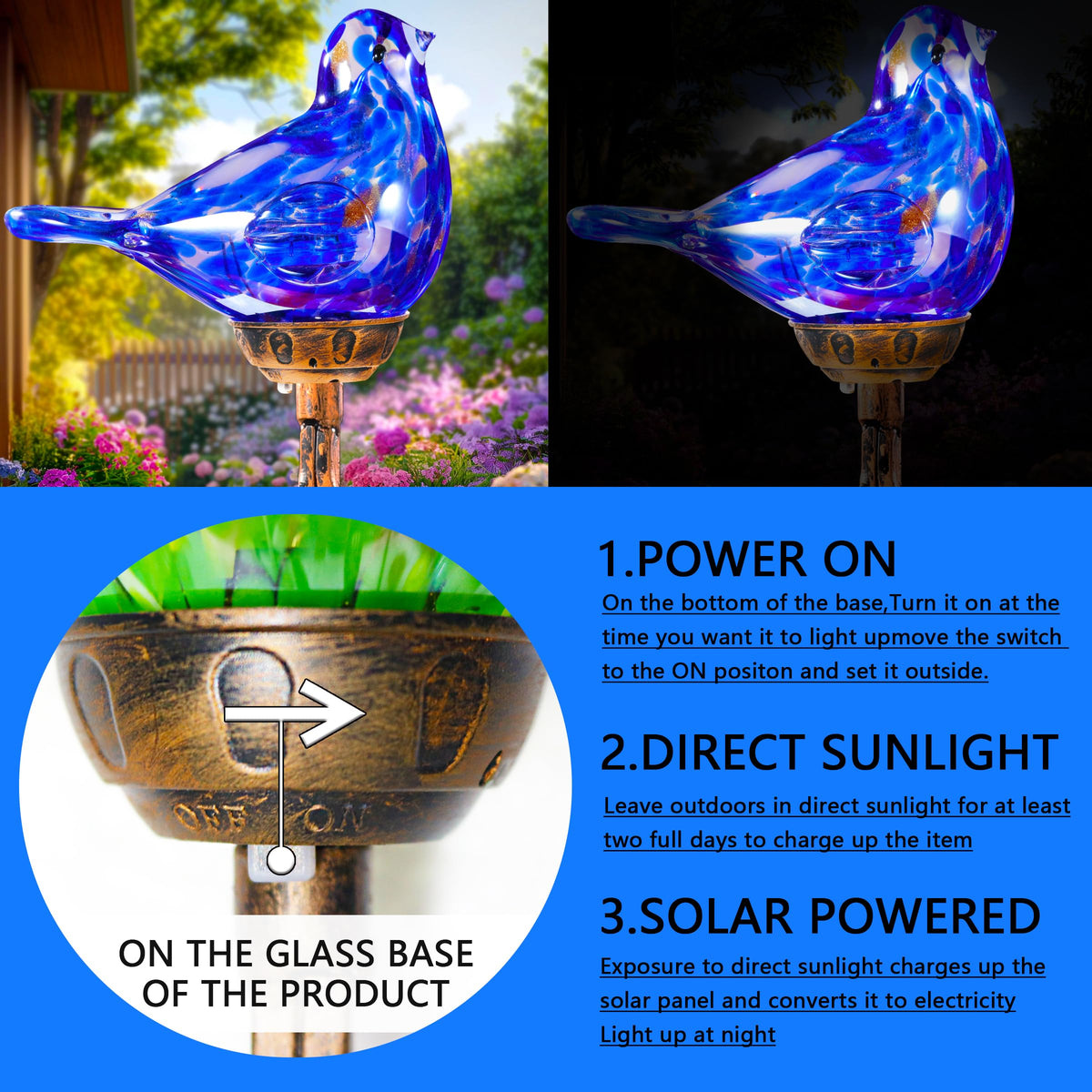 Naboher solar stake base with glass bird for a durable outdoor accent