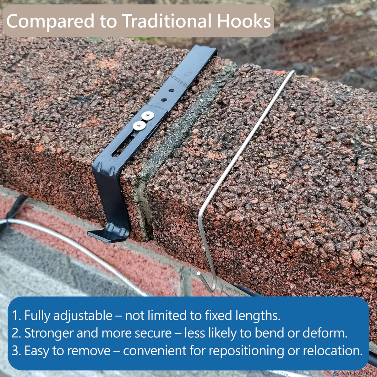 NACETURE hook bracket supports planters and lanterns with reliable grip