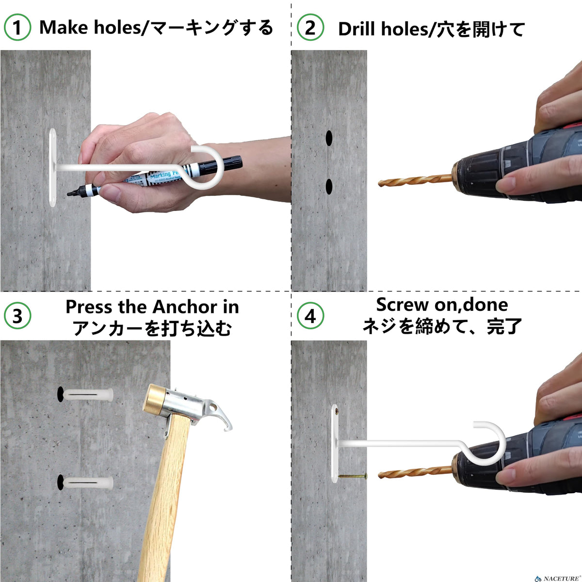 NACETURE ceiling hook installation compatible with brick, drywall, wood, and concrete walls.