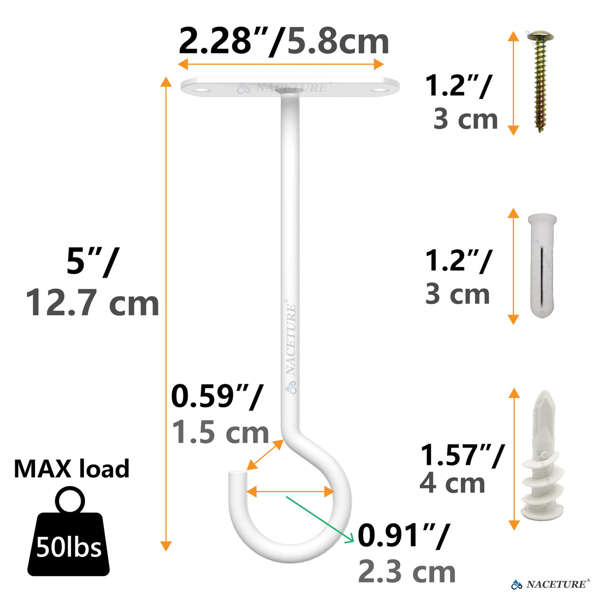 NACETURE white ceiling hook set ready for baskets, lights, and ornaments.