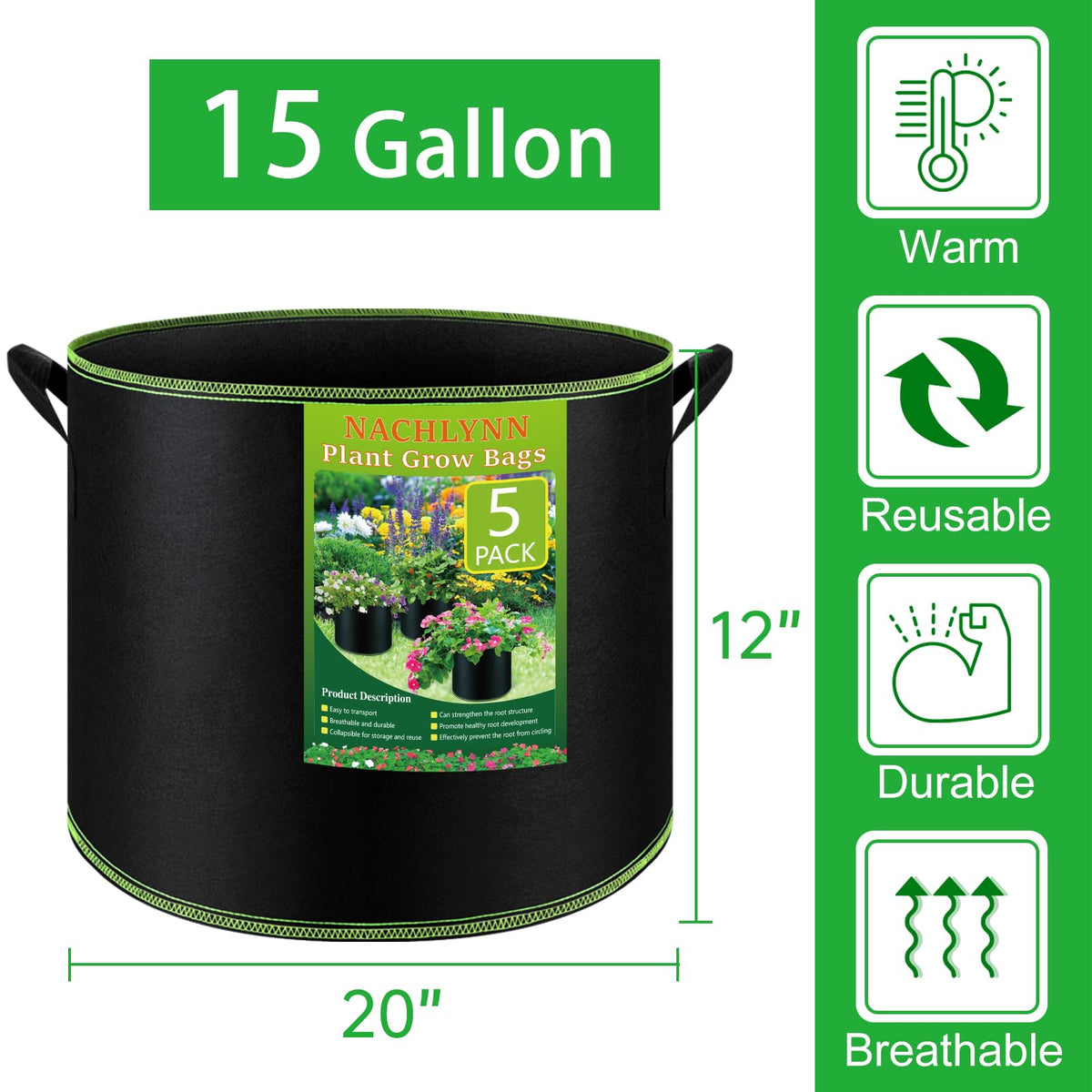 NACHLYNN 5-pack grow bags folded for storage, space-saving design