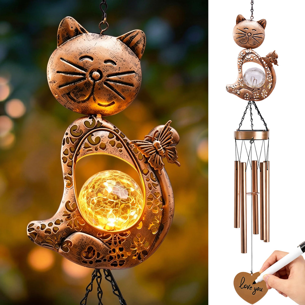 Nacome cat wind chimes outdoors in garden, weatherproof metal and soothing tones.