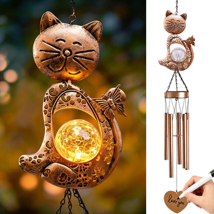 Nacome cat wind chimes outdoors in garden, weatherproof metal and soothing tones.