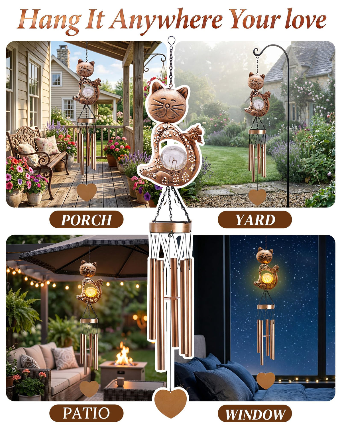 Nacome cat wind chimes hung on a patio for tranquil evenings.