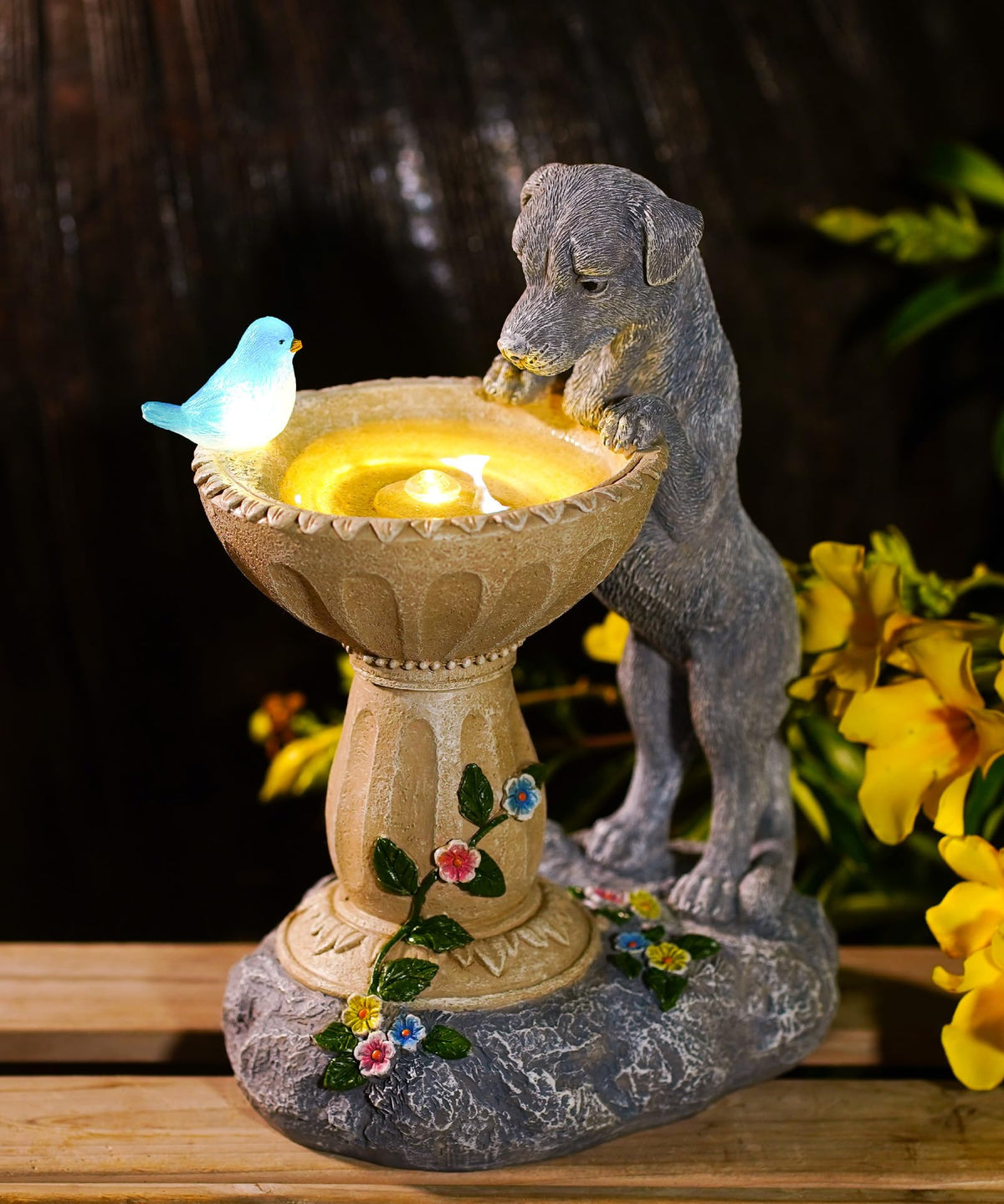 Nacome dog-bird led-detail highlights playful lighting along the bowl edge.