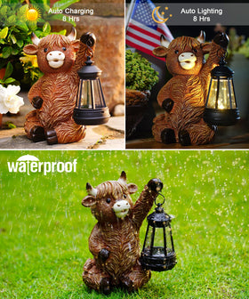 Nacome Highland Cow statue illuminated at dusk for warm ambience.