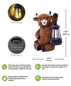 Nacome Highland Cow with solar lantern lights the yard at night.