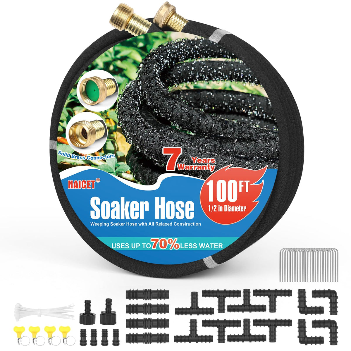 Naicet 100ft soaker hose with durable brass joint for long-lasting watering