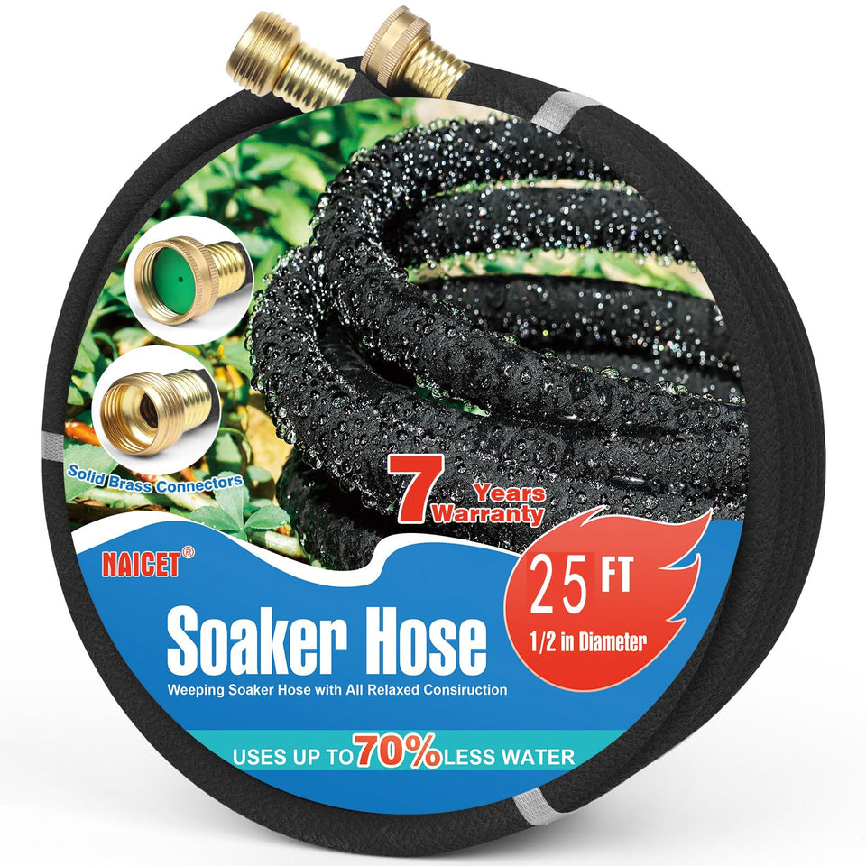 Naicet Soaker Hose 25ft delivers water-saving drizzle along garden beds.
