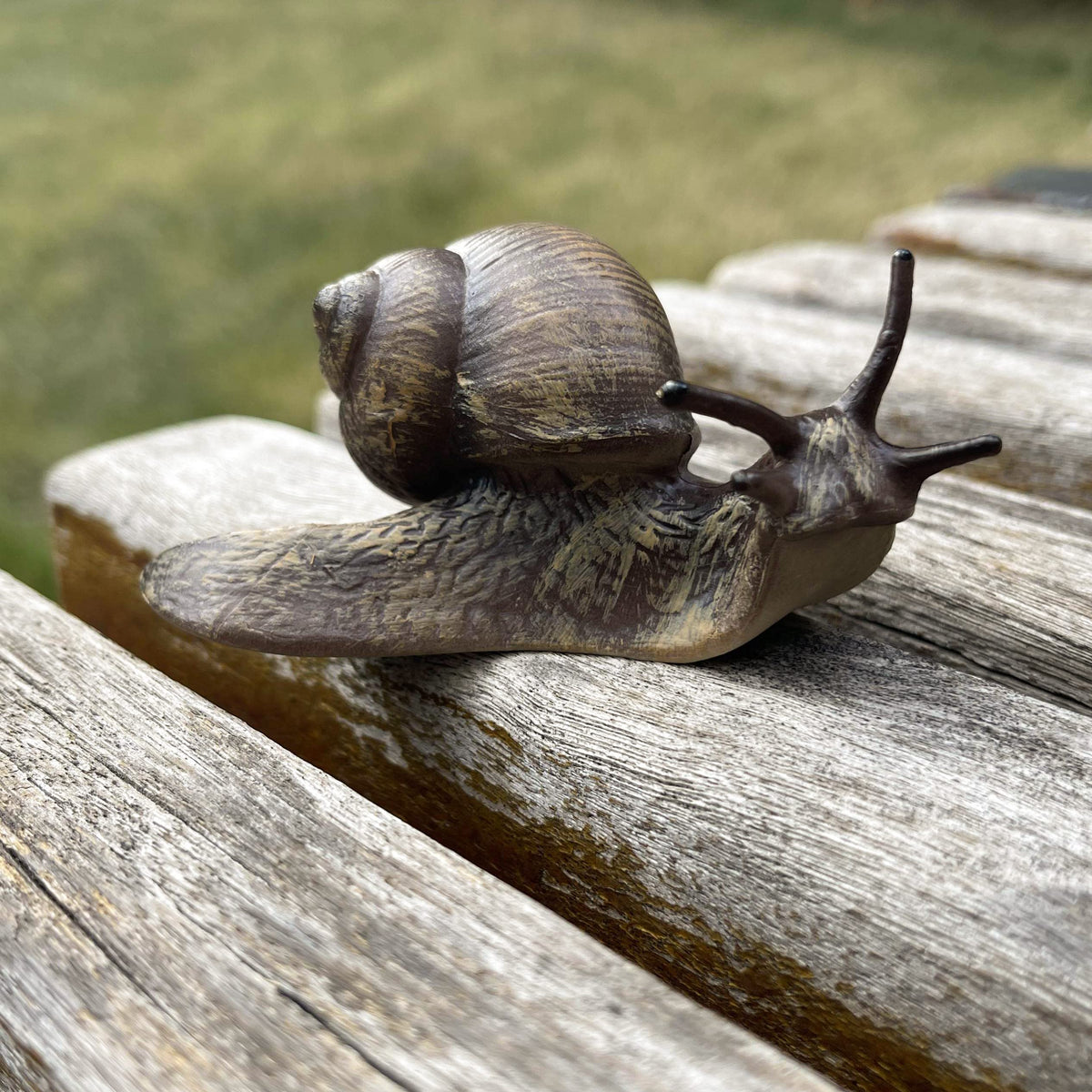 NAKIMO snail figurine in dark color finish for durable display.