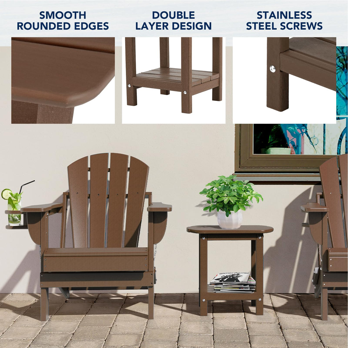 nalone Adirondack side table two-tier storage keeps drinks within easy reach.