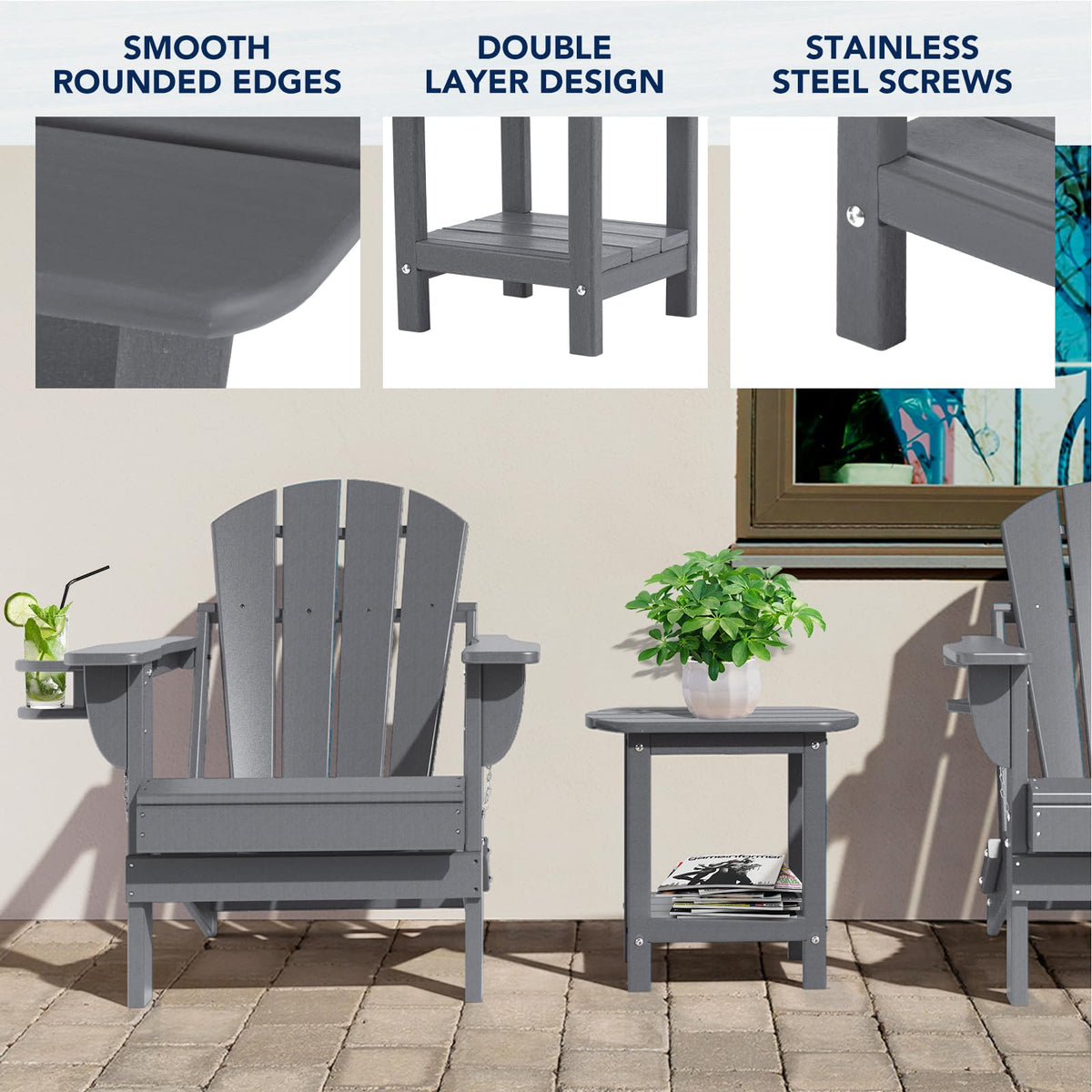 nalone Adirondack side table showing upper and lower shelves for organized outdoor essentials