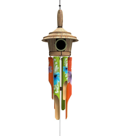 Nalulu House bamboo wind chimes with birdhouse create calming garden ambience