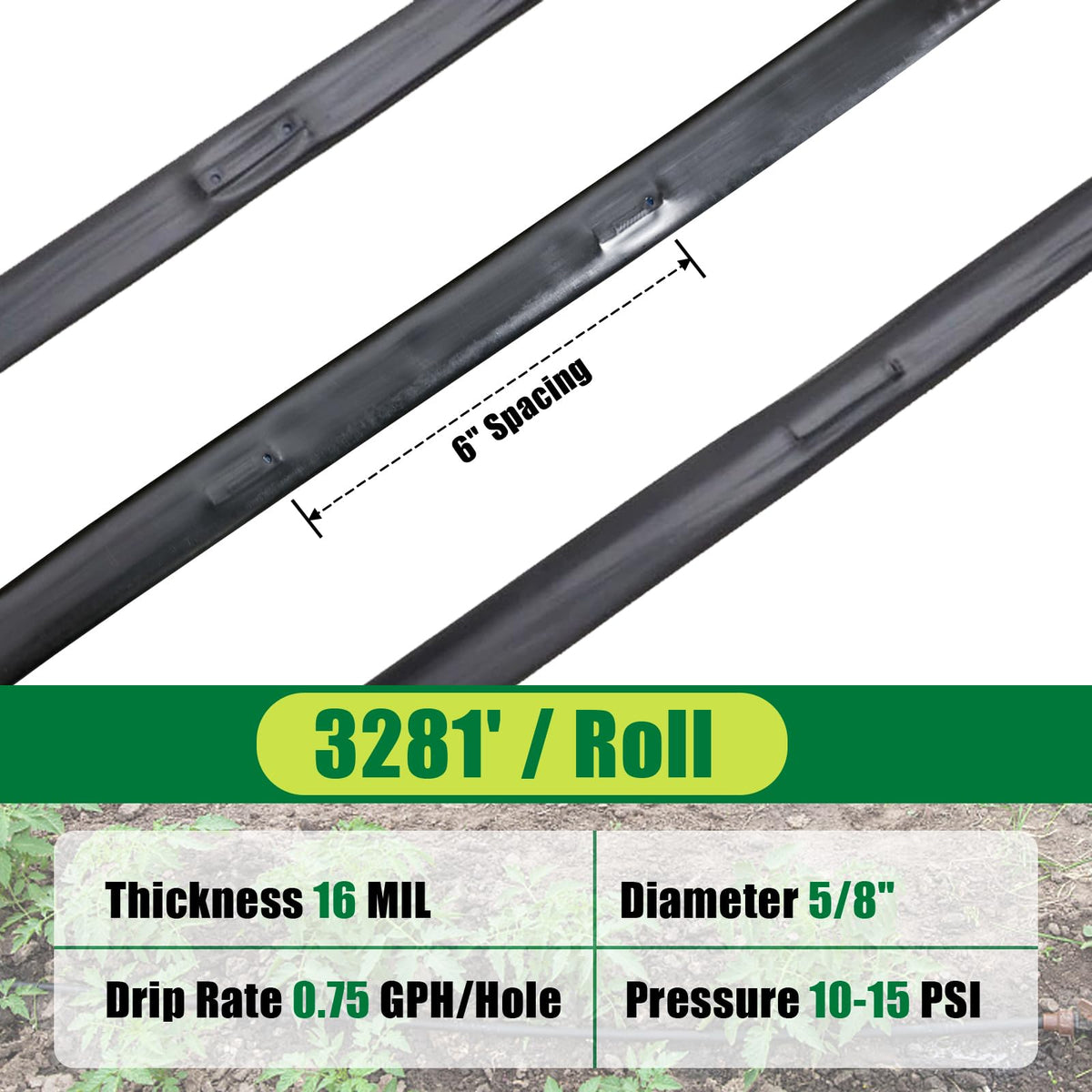 Nalwort drip tape 6in spacing ensures even distribution across garden beds.