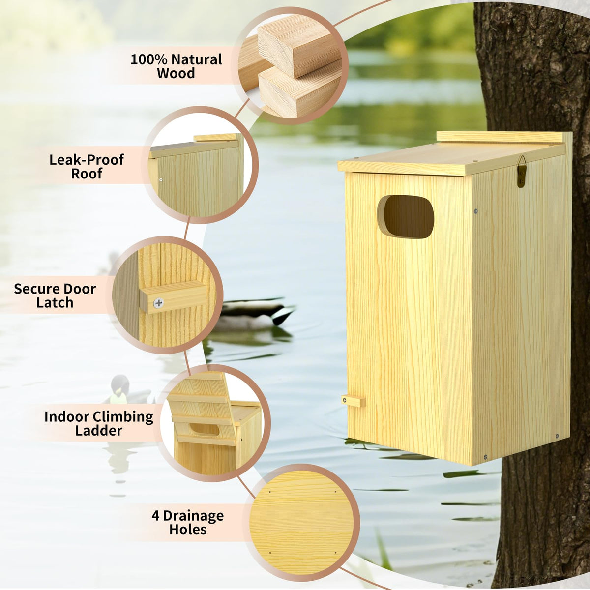 Nalwort Duck House duck-friendly design includes a grooved wall to help ducklings exit.