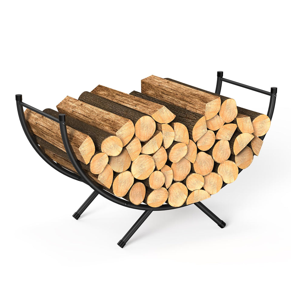 NANANARDOSO curved firewood rack front view shows ample 33-inch storage for dry logs.