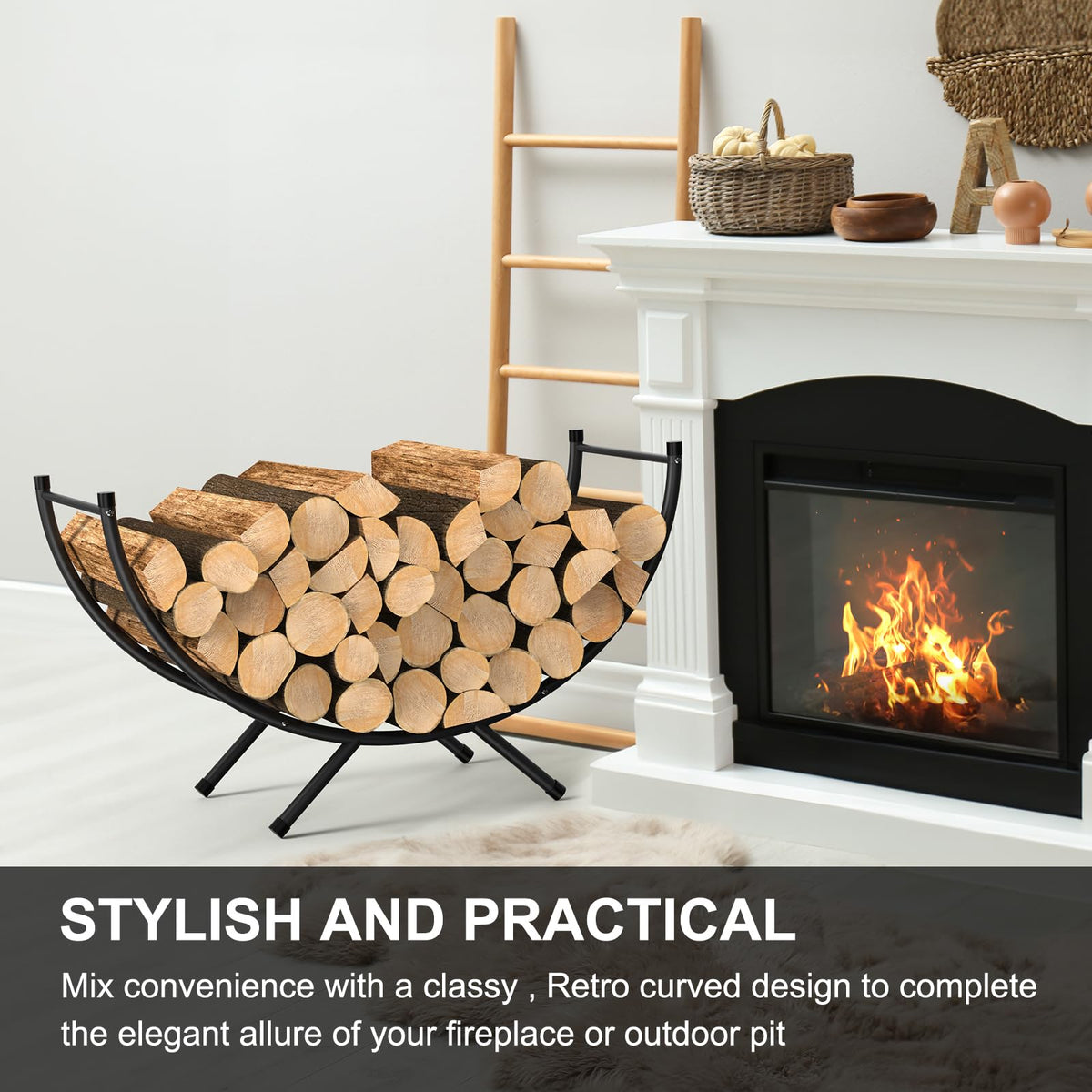 NANANARDOSO curved firewood rack assembly illustrates easy setup with included parts.