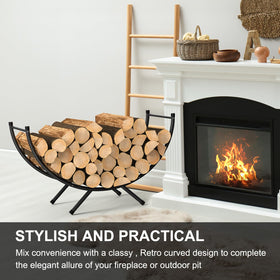 NANANARDOSO curved firewood rack assembly illustrates easy setup with included parts.