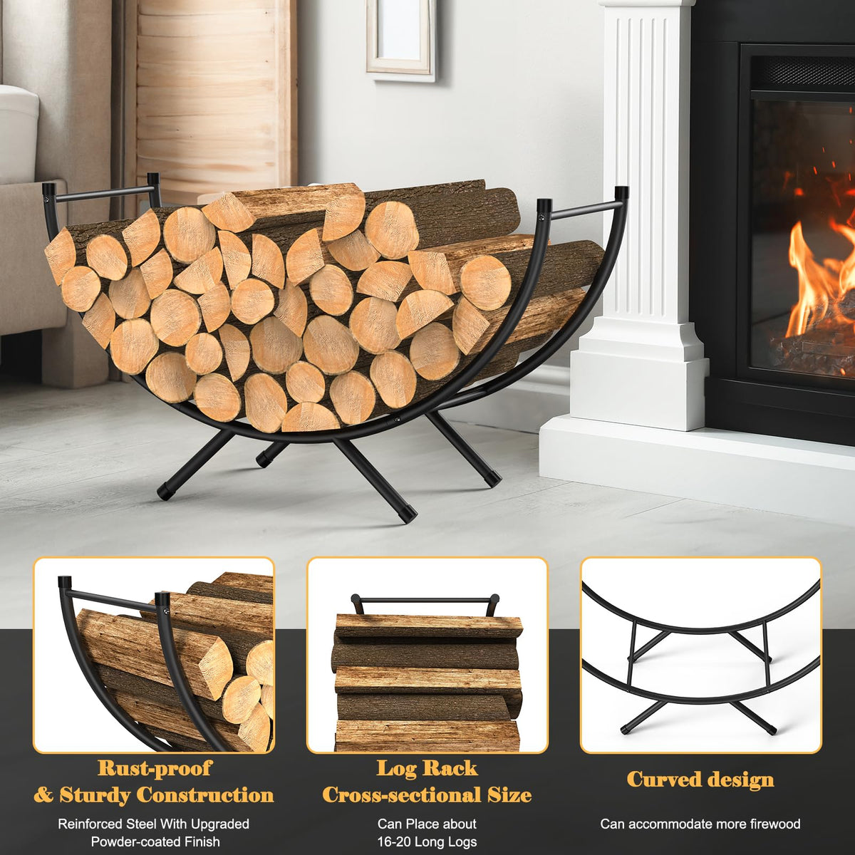 NANANARDOSO curved firewood rack backyard use keeps logs organized.