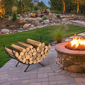 NANANARDOSO curved firewood rack indoor use maintains tidy wood storage.
