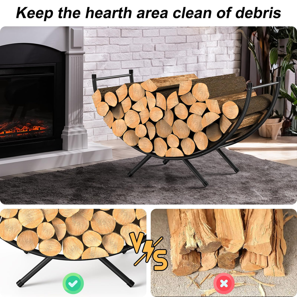 NANANARDOSO curved firewood rack rust-resistant coating protects against moisture.