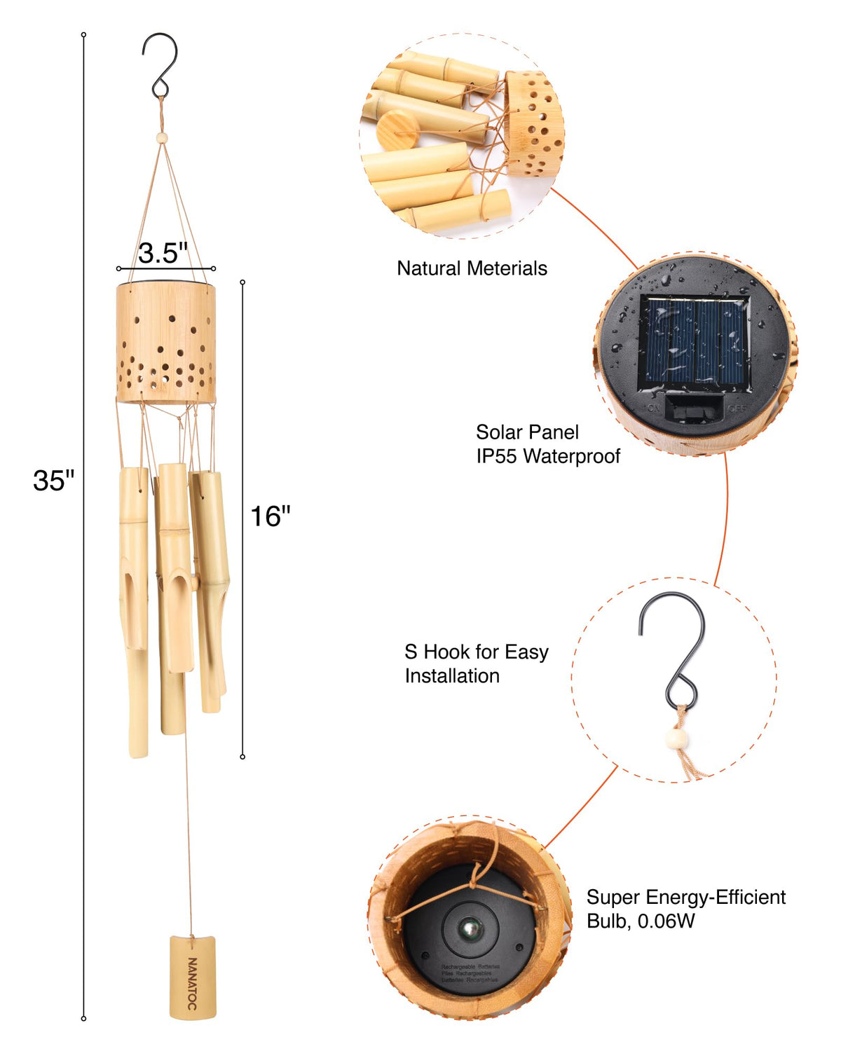 Nanatoc bamboo wind chimes with easy hang S hook for simple setup.