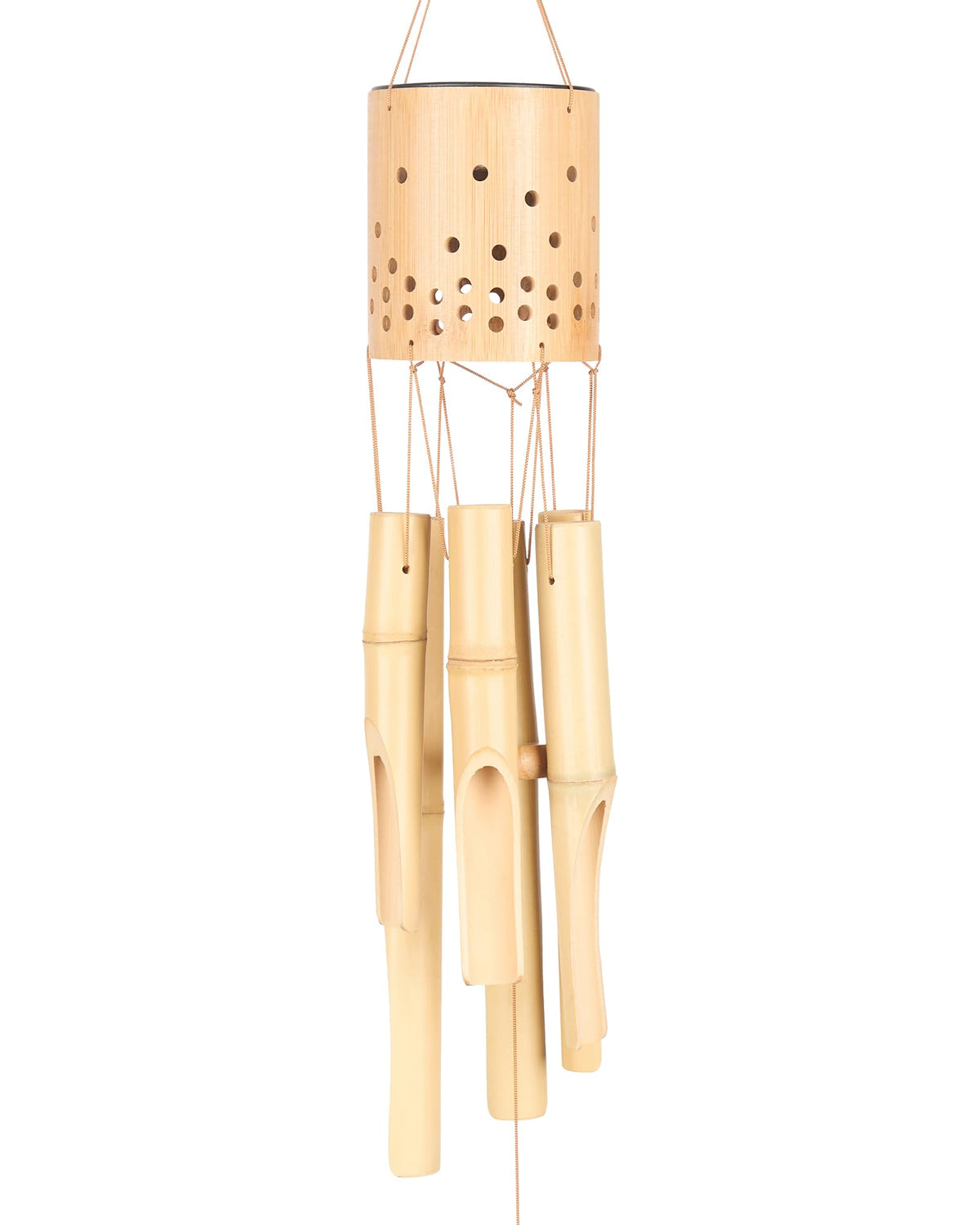 Nanatoc bamboo wind chimes with solar accent light for warm nighttime ambiance.