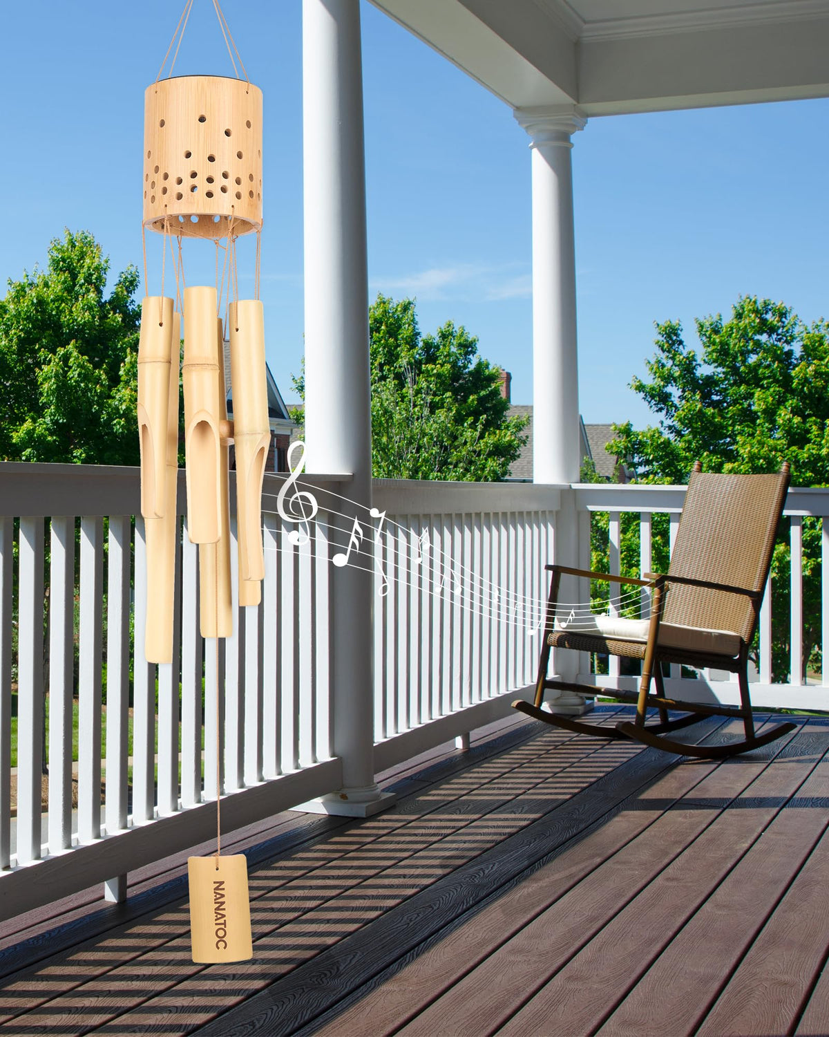 Nanatoc wind chimes at night with ambient solar glow and gentle sounds.