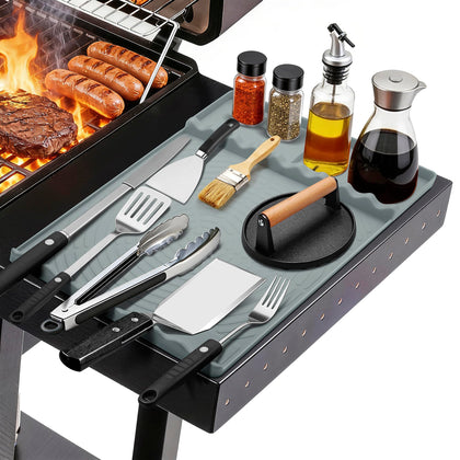NancyL silicone grill mat organizes dry and wet tools for cleaner countertops.