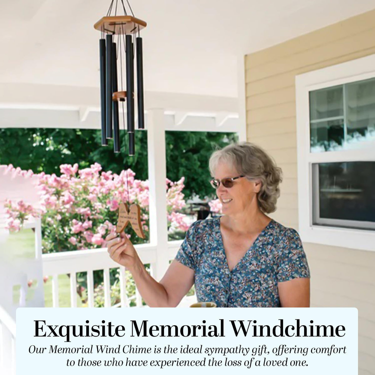 Naomi Catherine Designs memory garden display of memorial wind chimes for loved one.