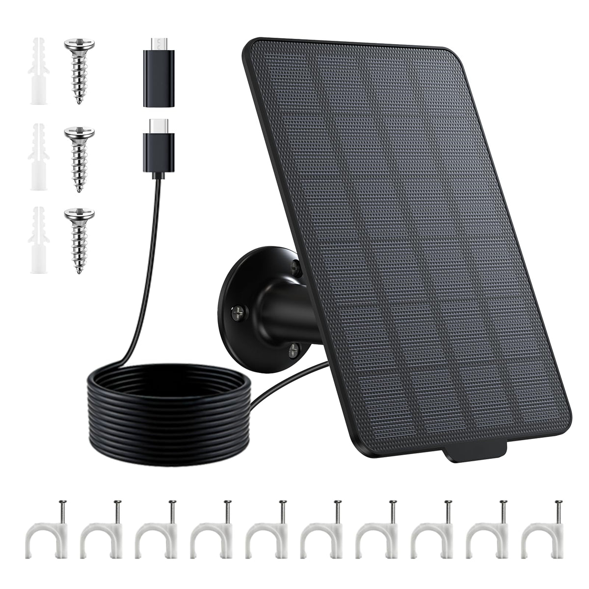 Naseto 3W solar panel powering outdoor camera in daylight for steady charging.