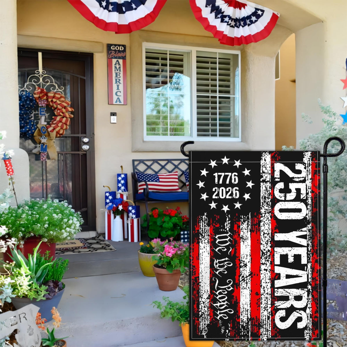 NASIAN 250th anniversary flag yard display, enhances front door or garden entrance.