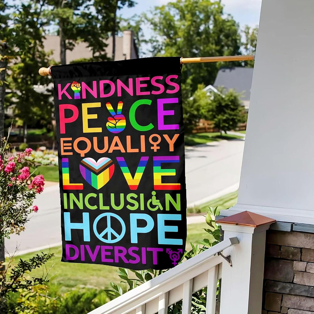 NASIAN inclusive love flag, bold Pride message enhances curb appeal.