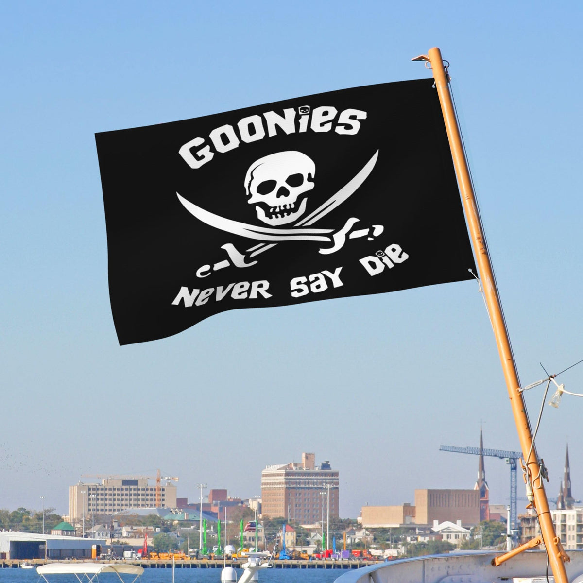 NASIAN Never Say Die flag close-up shows brass grommets and durability.