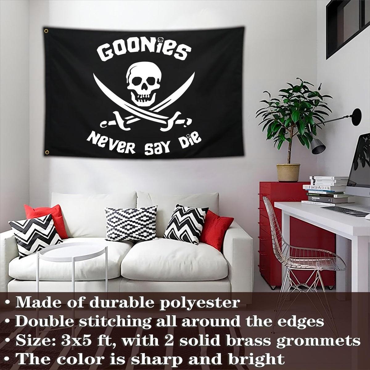 NASIAN Never Say Die flag in bright colors enhances dorm room decor.