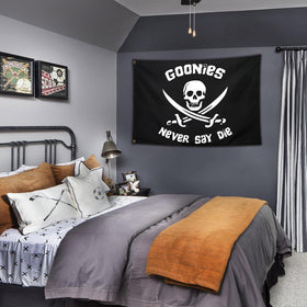 NASIAN Never Say Die flag on dorm wall displays playful energy.