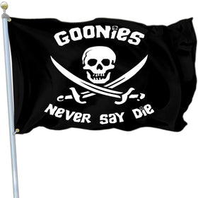 NASIAN Never Say Die flag outdoors with bold pirate motif for outdoor decor.