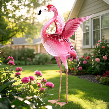 Natelf garden flamingo statue in bright pink for vibrant yard decoration.