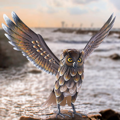 Natelf garden owl sculpture with textured metal for patio centerpiece.
