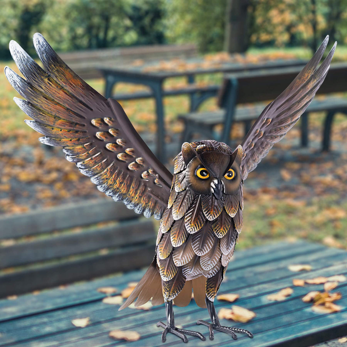 Natelf metal owl statue measuring 19x10x15 inches for garden spots.