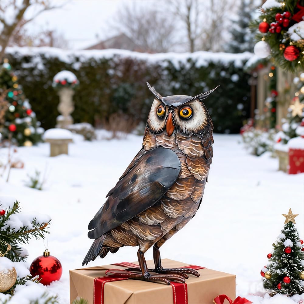 Natelf metal owl near pond adds serene yard focal point