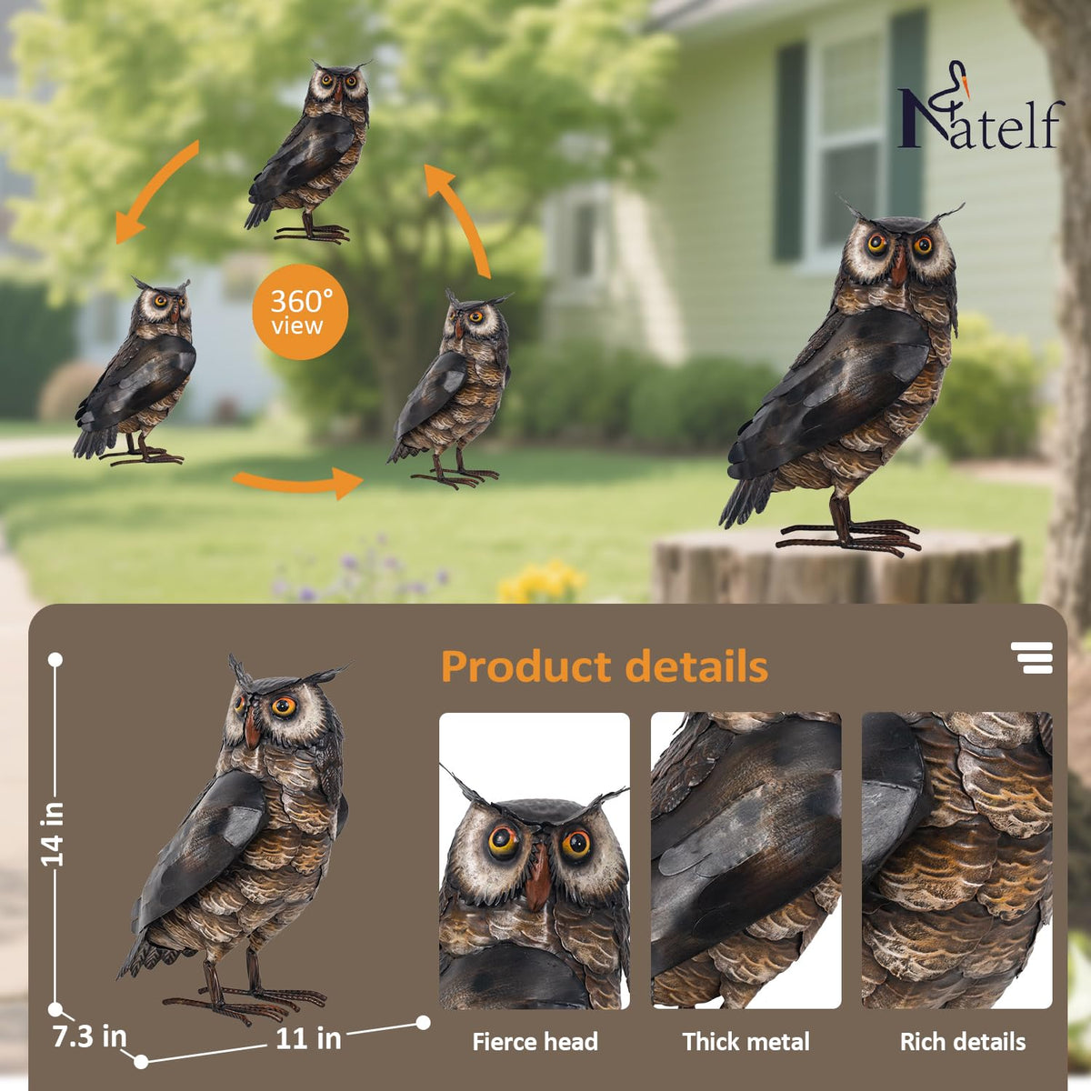 Natelf owl statue in garden front view enhances yard decor