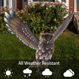 Natelf standing metal owl—durable yard art for outdoor spaces.