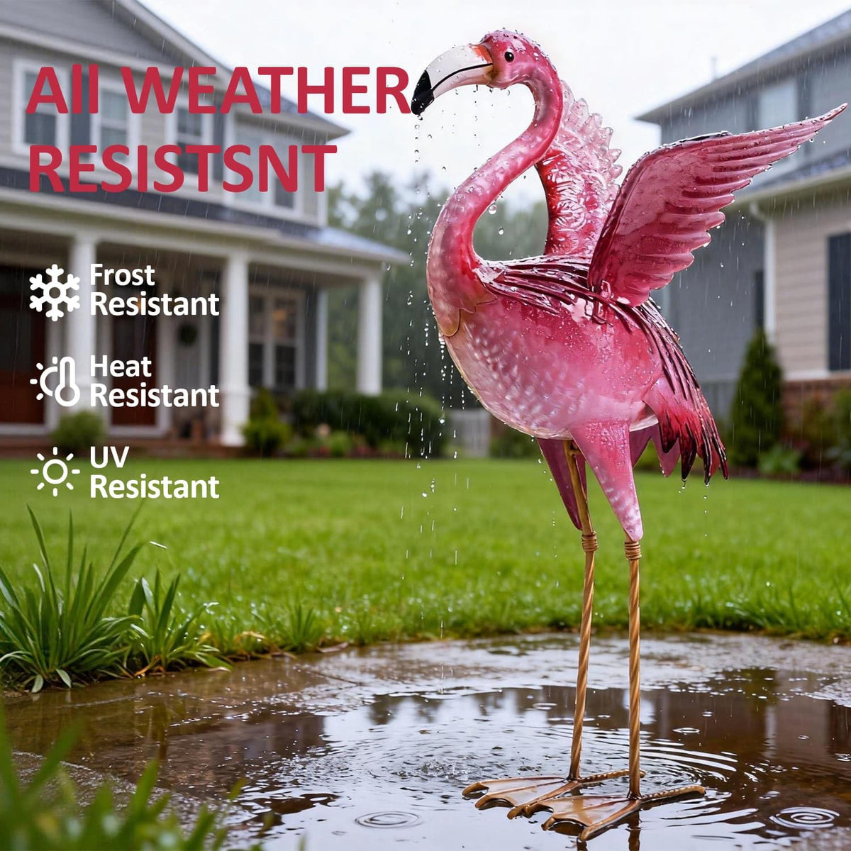 Natelf metal flamingo features UV-safe varnish to resist rust and fading.
