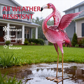 Natelf metal flamingo features UV-safe varnish to resist rust and fading.